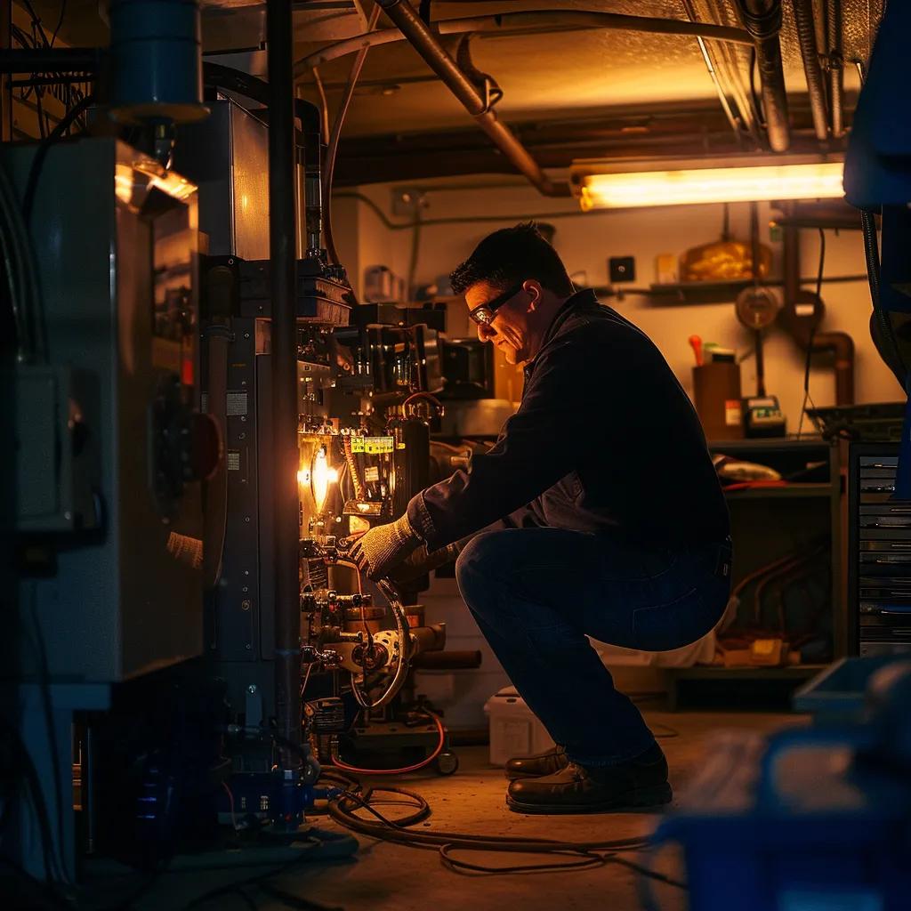 a well-equipped heating maintenance workshop, featuring a skillful technician inspecting a complex heating system, enveloped in warm, ambient lighting that emphasizes the importance of regular upkeep for homeowners in lower bucks county during the frigid winter months.
