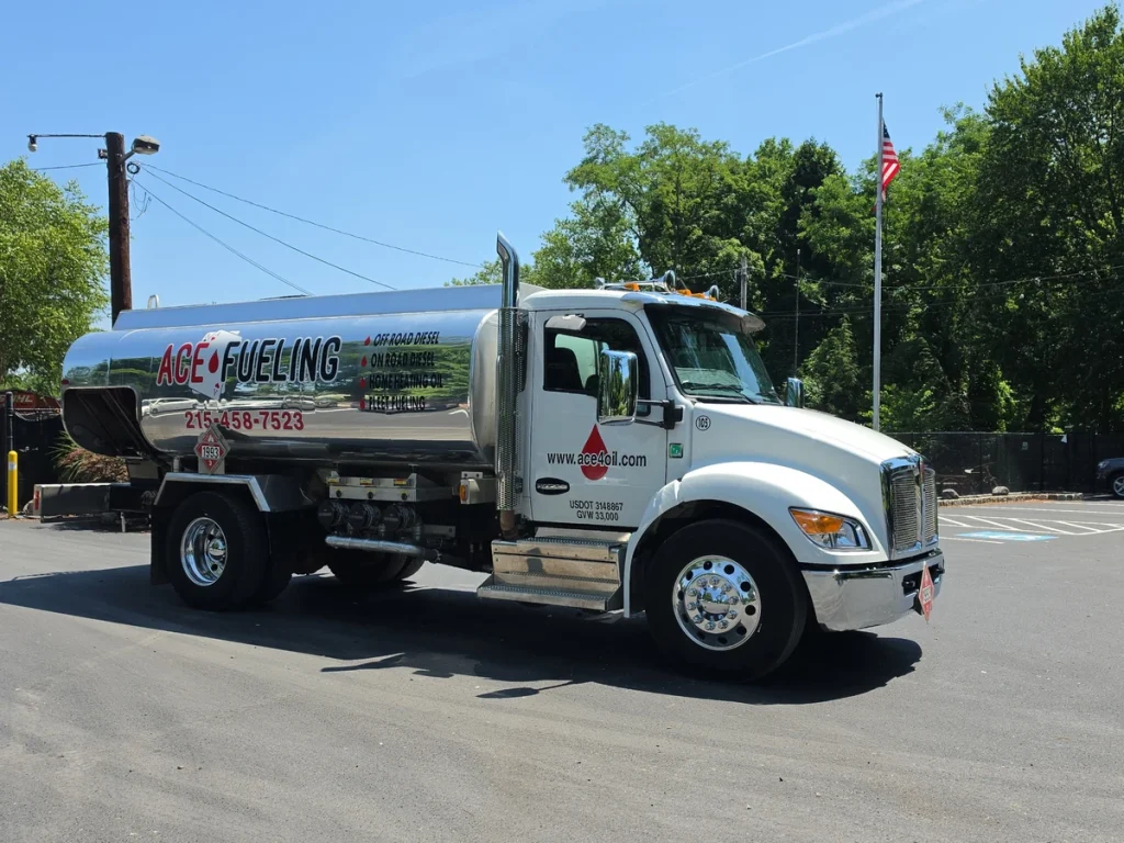 Ace Fueling stainless steel fuel delivery truck serving Lower Bucks County, PA with off-road diesel, on-road diesel, home heating oil, and fleet fueling